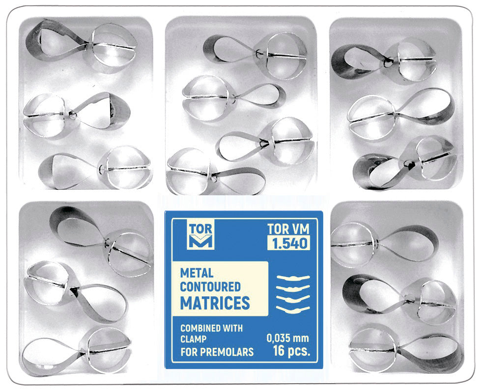 Matrices metálicas contorneadas para premolares combinadas con abrazadera 16 piezas