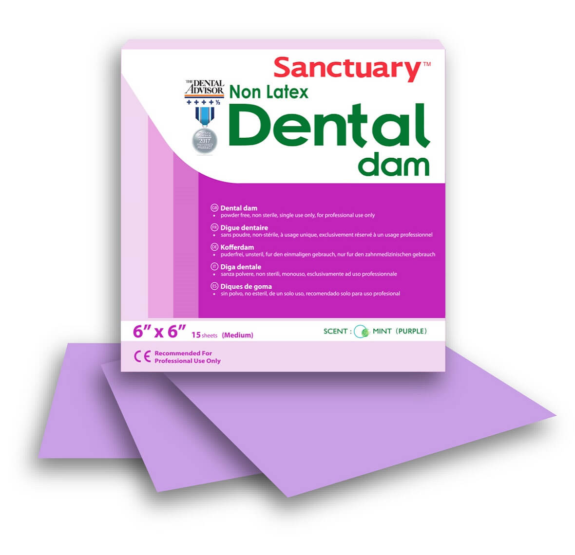 Dique dental morado sin látex y sin polvo, 15 hojas, 15 x 15 cm, menta