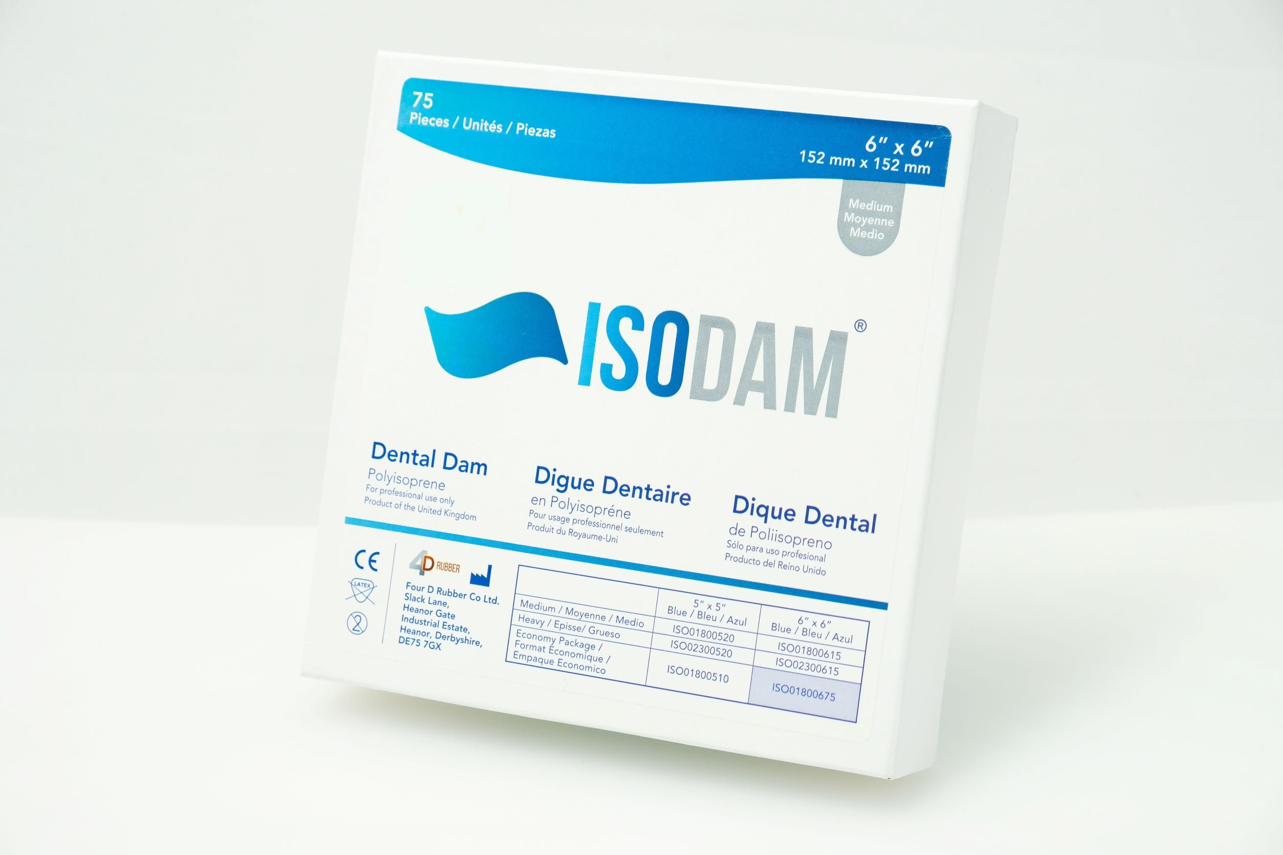 Dique dental de poliisopreno Isodam, paquete económico, 15 x 15 cm, sin látex, azul claro, 75 unidades