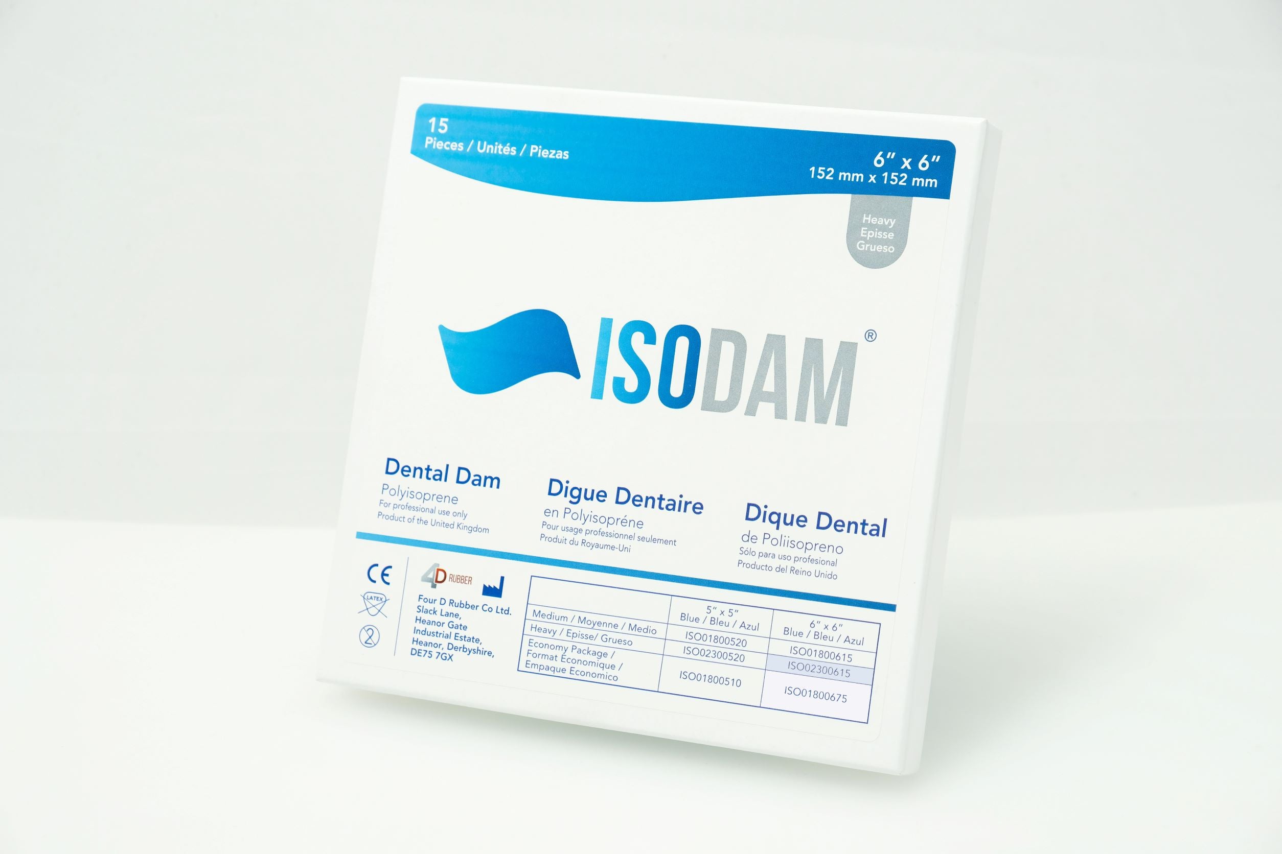 Dique dental de poliisopreno Isodam de 5" x 5", sin látex, azul claro, paquete de 20