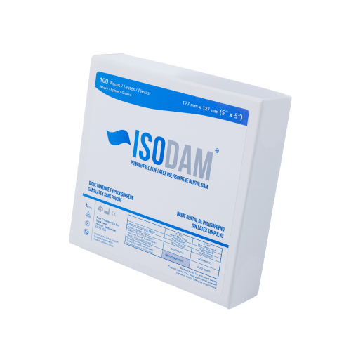 Dique dental de poliisopreno Isodam®, paquete económico, 12,7 x 12,7 cm, sin látex, azul claro, 100 unidades