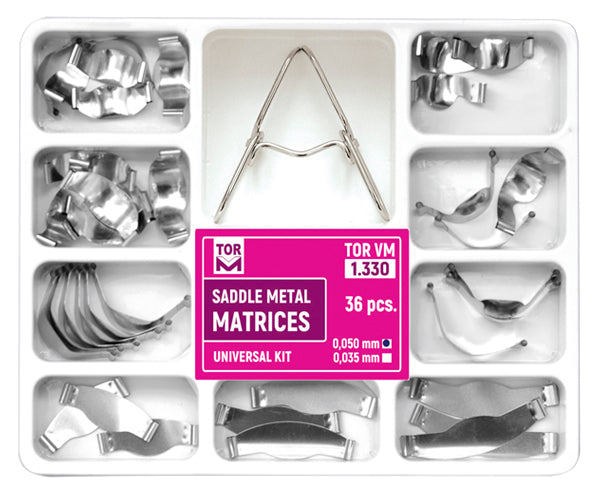 Matrices metálicas con contorno de silla de montar. Kit universal para premolares (36 piezas)